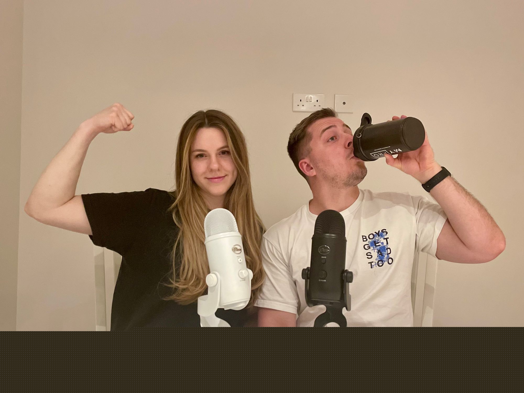 James and Lianne, hosts of the podcast, flexing and drinking a protein shake